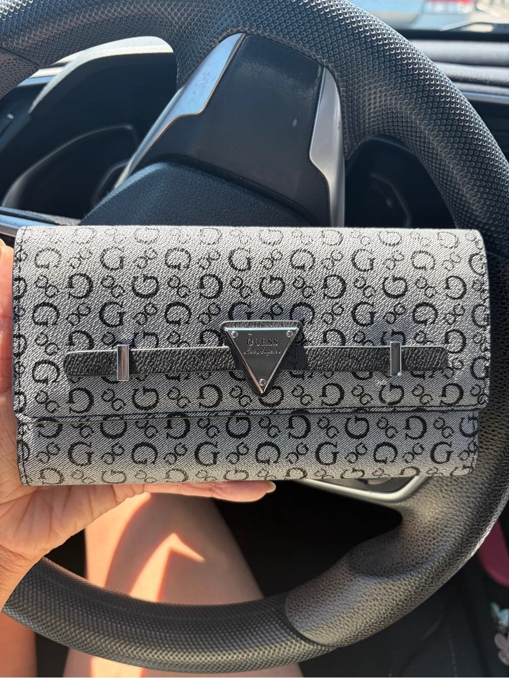 GUESS Gray Monogram Fold-Over Clutch with Logo Plaque